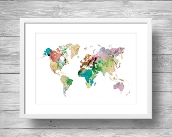 Rainbow Watercolor World Map Print, Wanderlust Wall Art (Digital Download)