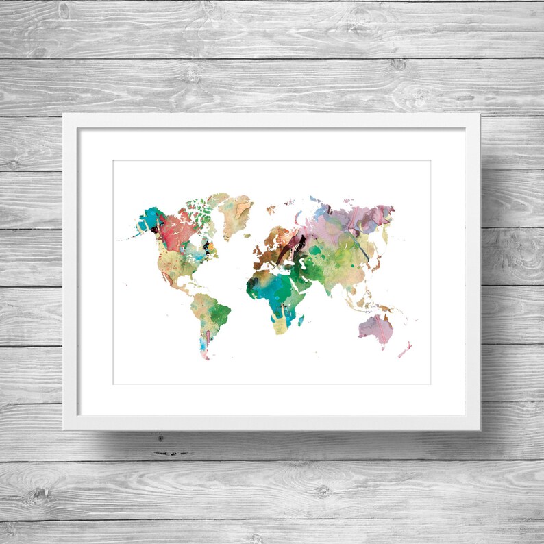 Printable art Rainbow Watercolor world map Printable wall art Printable Geography wall artPrintable watercolor world map travel decor