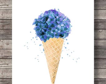 Watercolor hydrangea flower ice cream cone  Printable art  Printable blue purple watercolor  Ice cream art  summer wall art decor sweets