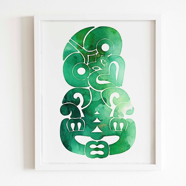 Tiki watercolor art |New Zealand Maori art print | Green watercolor Tiki | Printable wall art
