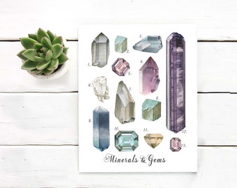 Gemstones chart | Watercolor Minerals art print | Crystal Illustration | Printable wall art