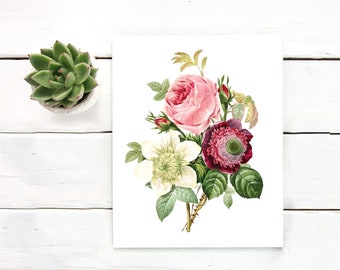Vintage roses peonies flowers, Printable art, watercolor painting, floral botanical print