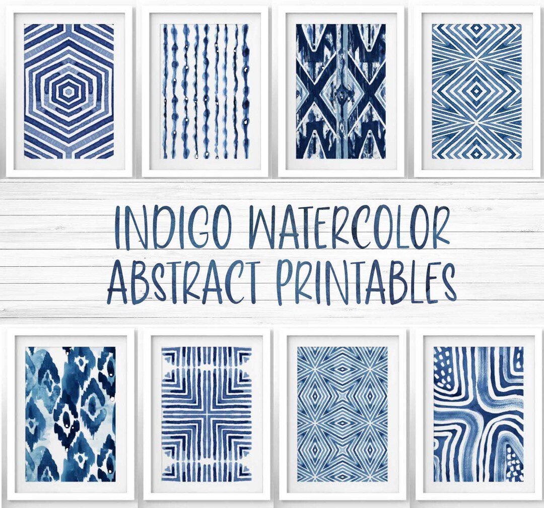 Printable Art, Watercolor Indigo Abstract Prints, Set of Eight ...
