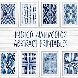 Printable art, Watercolor indigo abstract prints, set of eight, abstract ink painting