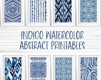 Printable art, Watercolor indigo abstract prints, set of eight, abstract ink painting