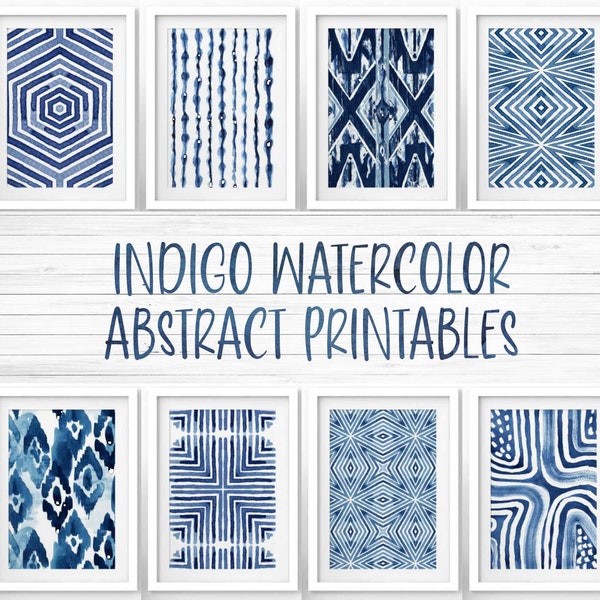 Printable art, Watercolor indigo abstract prints, set of eight, abstract ink painting