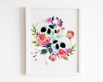 Watercolor Skull with flowers | Subtle Halloween art | living room art
