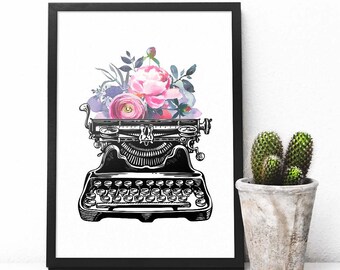 Vintage Typewriter Watercolor flowers | Printable wall art | Watercolor