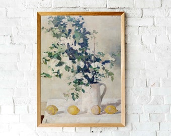 Vintage flowers and Lemons painting | Kitchen Lemon Painting | Bright Vintage Kitchen Decor art print