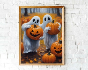 Cute ghosts in a pumpkin patch with jack o lanterns | Printable wall art | Spooky art print | Cute halloween art