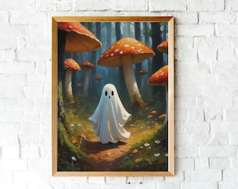 Cute ghost in a forest with toadstools | Printable wall art | Spooky art print | Cute halloween art