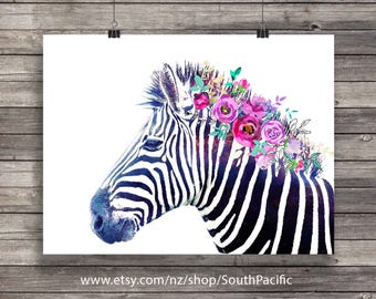 Zebra art  Watercolor floral mane Rainbow Zebra  Printable art  Graphic black and watercolor zebra print  African animal decor