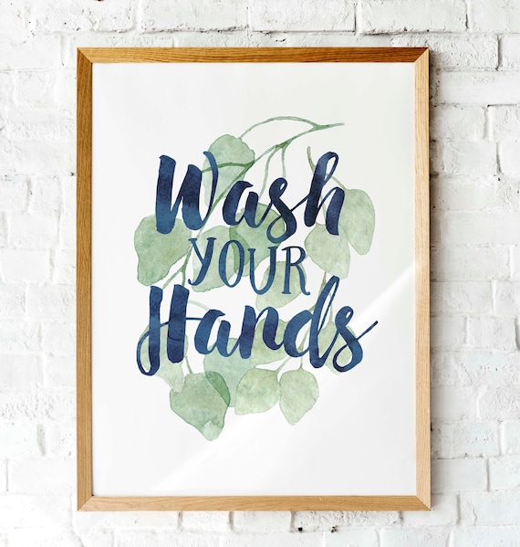 Wash Your Hands Bathroom Printable Art Blue Ink and - Etsy