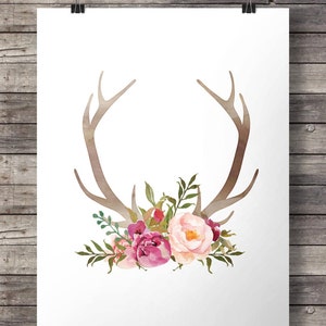 Watercolor Antlers Floral Print: Valentine&#39;s Day Wall Art (Digital Download)