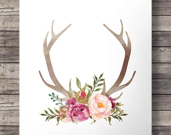 Watercolor Antlers flowers print Printable Antlers wall art Valentine gift art print Watercolor Antlers flowers print pink watercolor