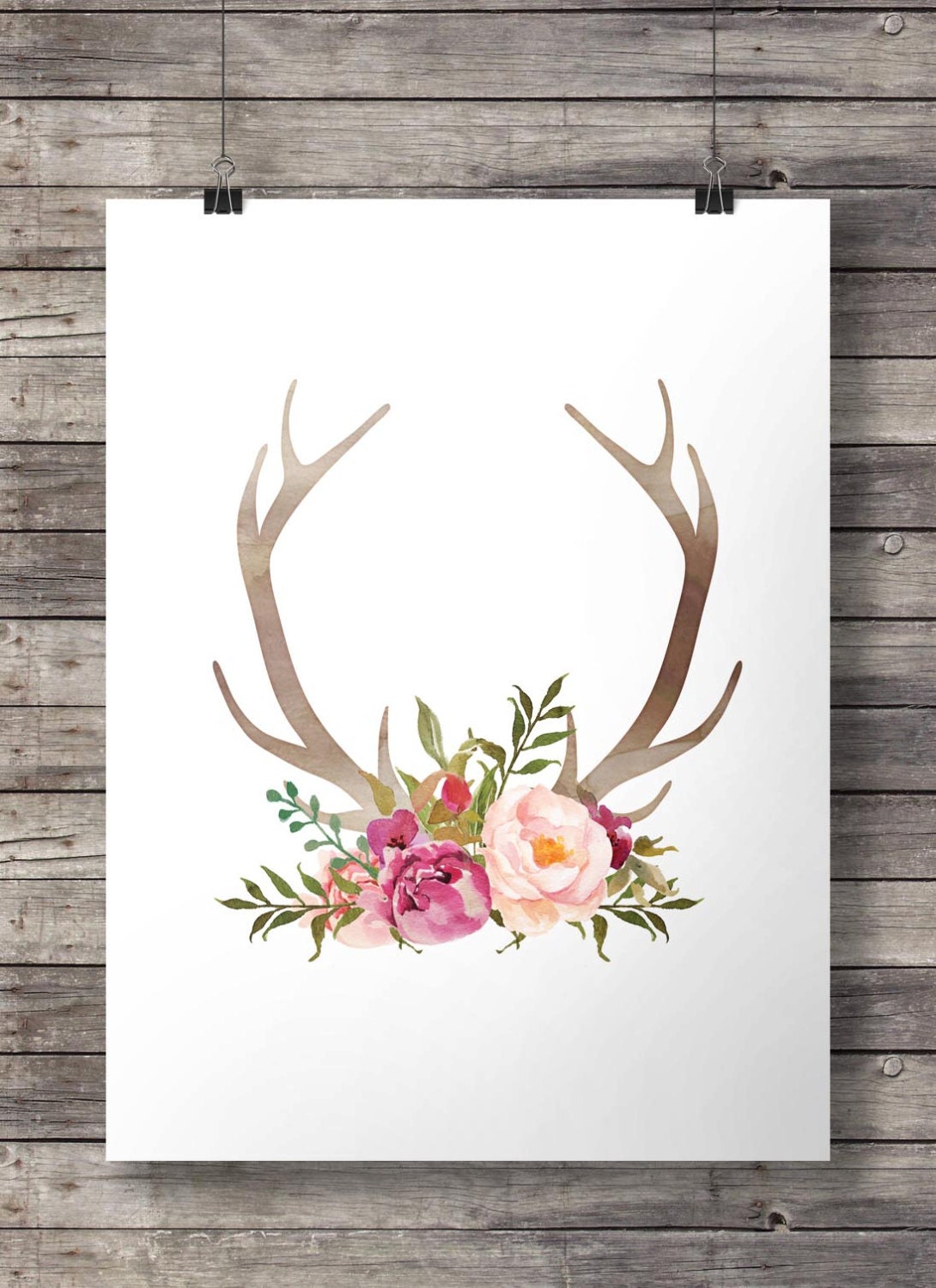 Watercolor Antlers flowers print Printable Antlers wall art | Etsy