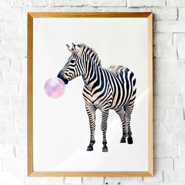 Bubblegum Zebra art print | Pink or blue bubble Zebra photo | Printable art
