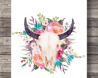 Bull Cow Skull Watercolor flowers living room art