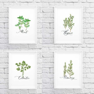 Kitchen Herbs art printables | Watercolor  set of 4 kitchen wall decor