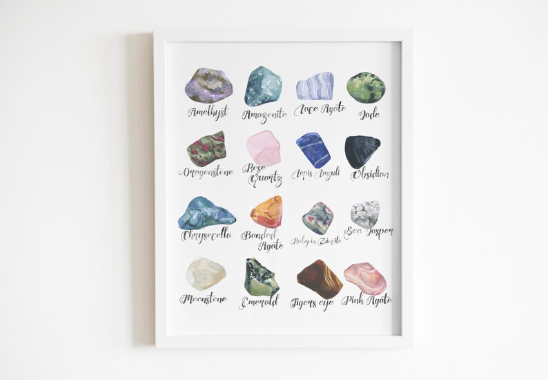 Lámina artística de piedras preciosas en acuarela: Decoración geológica con piedras semipreciosas (descarga digital) imagen 9