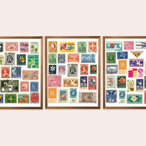 Collage de sellos vintage / Conjunto de tres coloridos sellos postales bohemios vintage / Decoración moderna para el hogar