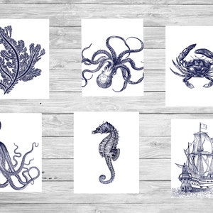 Octopus Nautical vintage prints Set of 6 Kraken Octopus prints Sea horse Crab Coral Ship Minimalist modern Rustic Printable wall art