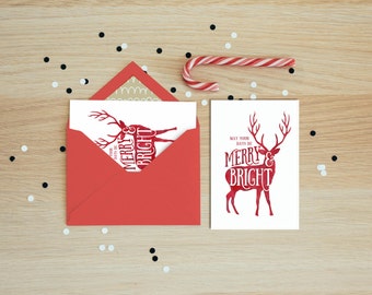 Druckbare Weihnachtskarte | rotes Rentier | 5x7 Karte zum Ausdrucken | Rote und weiße skandinavische Weihnachtskarte | Aquarell Hirsch