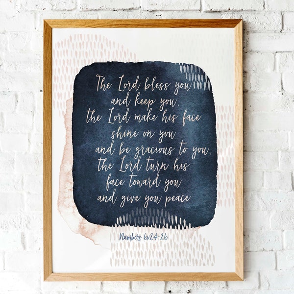 Aaron's Blessing | Navy and blush, Watercolor | The Lord bless you and keep you | Aaron's blessing art print | Wedding blessing art