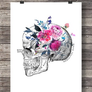 Flower Skull Printable art  Watercolor flower  floral anatomy skull  Dia di los Muertos  Printable wall art  Instant download