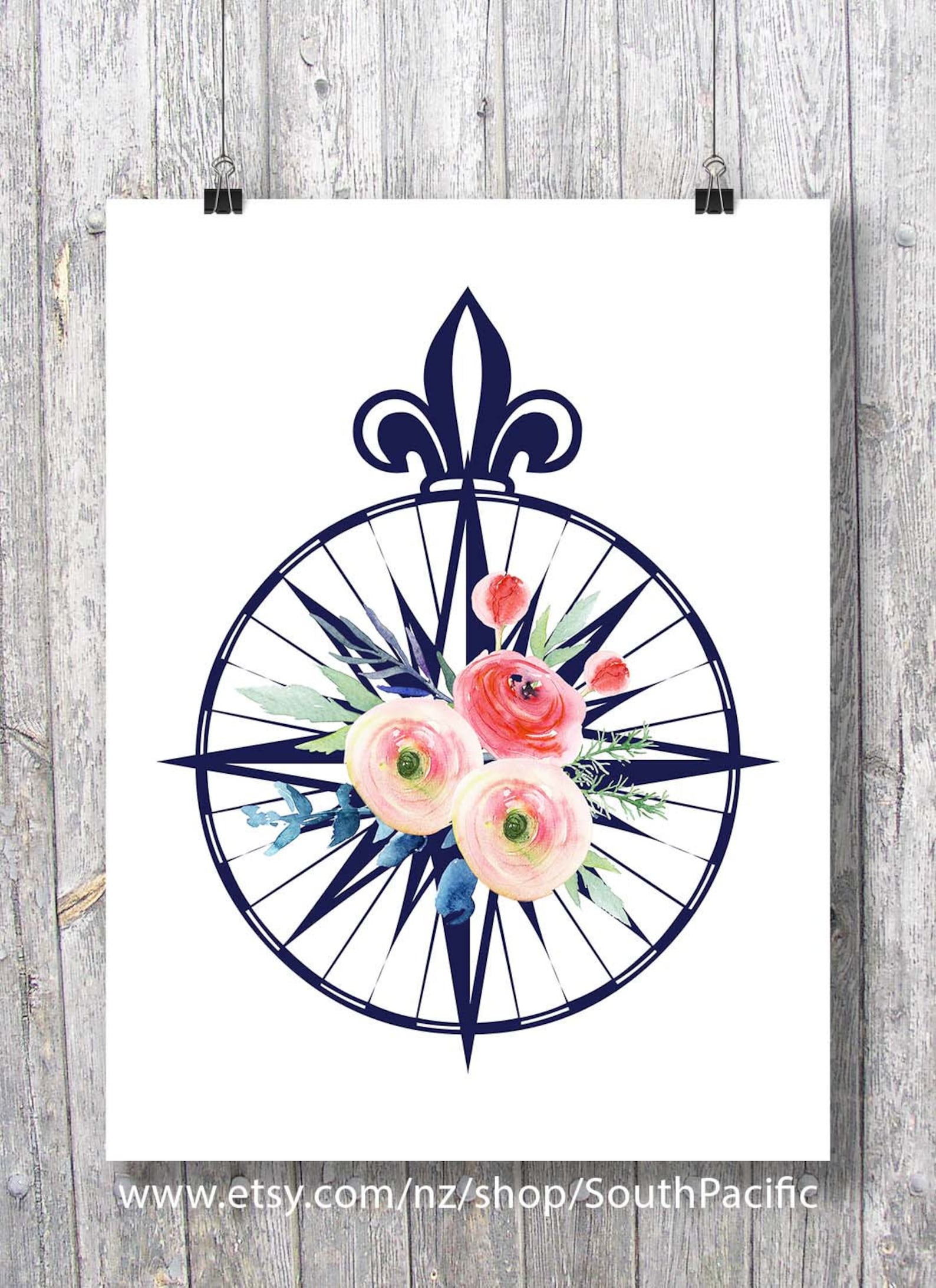 Compass rose Watercolor flowers roses Printable art Nautical sea ocean them...