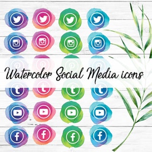 Watercolor Social media icon buttons Instant download  High quality watercolor digital blue green purple pink