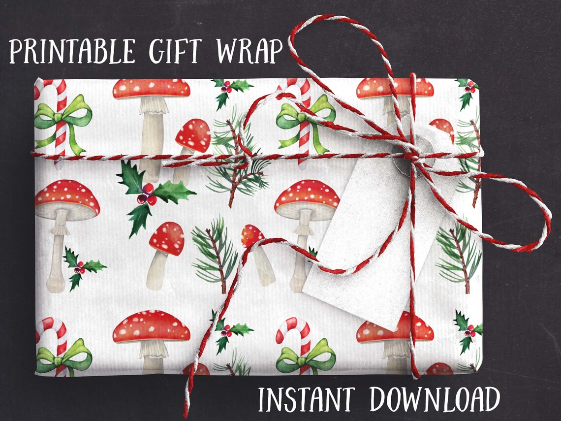 Woodland Printable Gift Wrap Mushroom Watercolor Christmas | Etsy