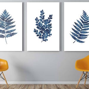 Ink blue fern prints | Printable art | Set of three | indigo fern leaf prints