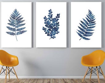 Ink blue fern prints | Printable art | Set of three | indigo fern leaf prints