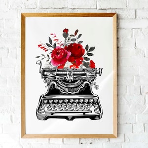 Vintage Typewriter Red Watercolor flowers | Printable floral wall art