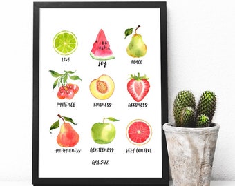 Fruit de l’esprit art imprimé Galates 5v22 Fruit art Salade de fruits été aquarelle typographie fruit Écriture imprimé fruit peint