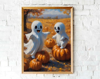 Cute ghosts in a pumpkin patch with jack o lanterns | Printable wall art | Spooky art print | Cute halloween art