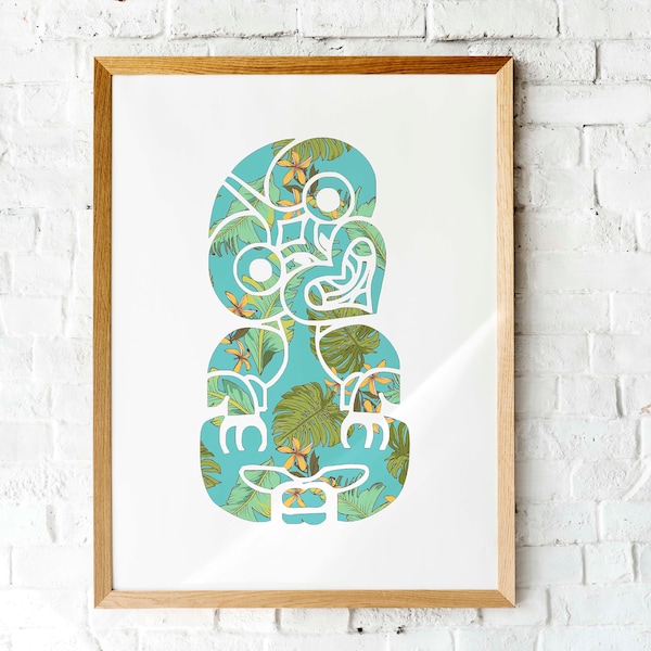 Tiki  Tropical art print  New Zealand Maori Tiki  Printable art  Floral Tiki  Blue green Printable wall art | tiki Instant download