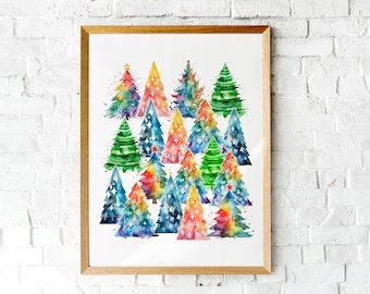 Christmas Printable wall art | watercolor rainbow holiday trees | Rainbow Christmas trees print | DIY Holiday art