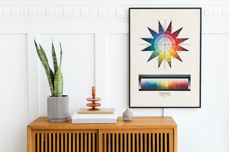 May include: A wooden console table with a potted snake plant, a stack of books, a decorative object, and a framed color wheel chart with the text "Farbentafel" in German.