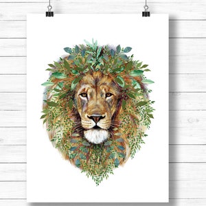 Lion art print, watercolor leaves, Printable art