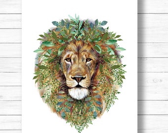Lion art print, watercolor leaves, Printable art