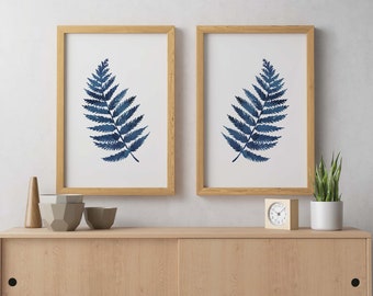 Ink blue fern prints | Printable art | Set of two mirror image | indigo fern leaf prints