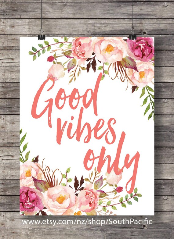 Watercolor Good Vibes Only Flowers Wreath Print Coral Etsy