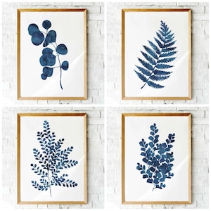 Ink blue Fern prints  Printable art  set of 4 watercolor indigo ink / Royal Blue fern leaf prints