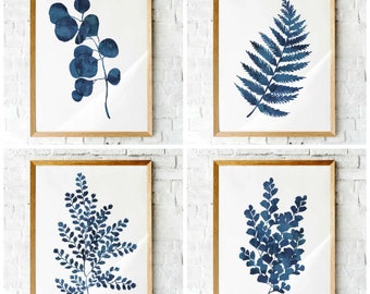 Ink blue Fern prints  Printable art  set of 4 watercolor indigo ink / Royal Blue fern leaf prints