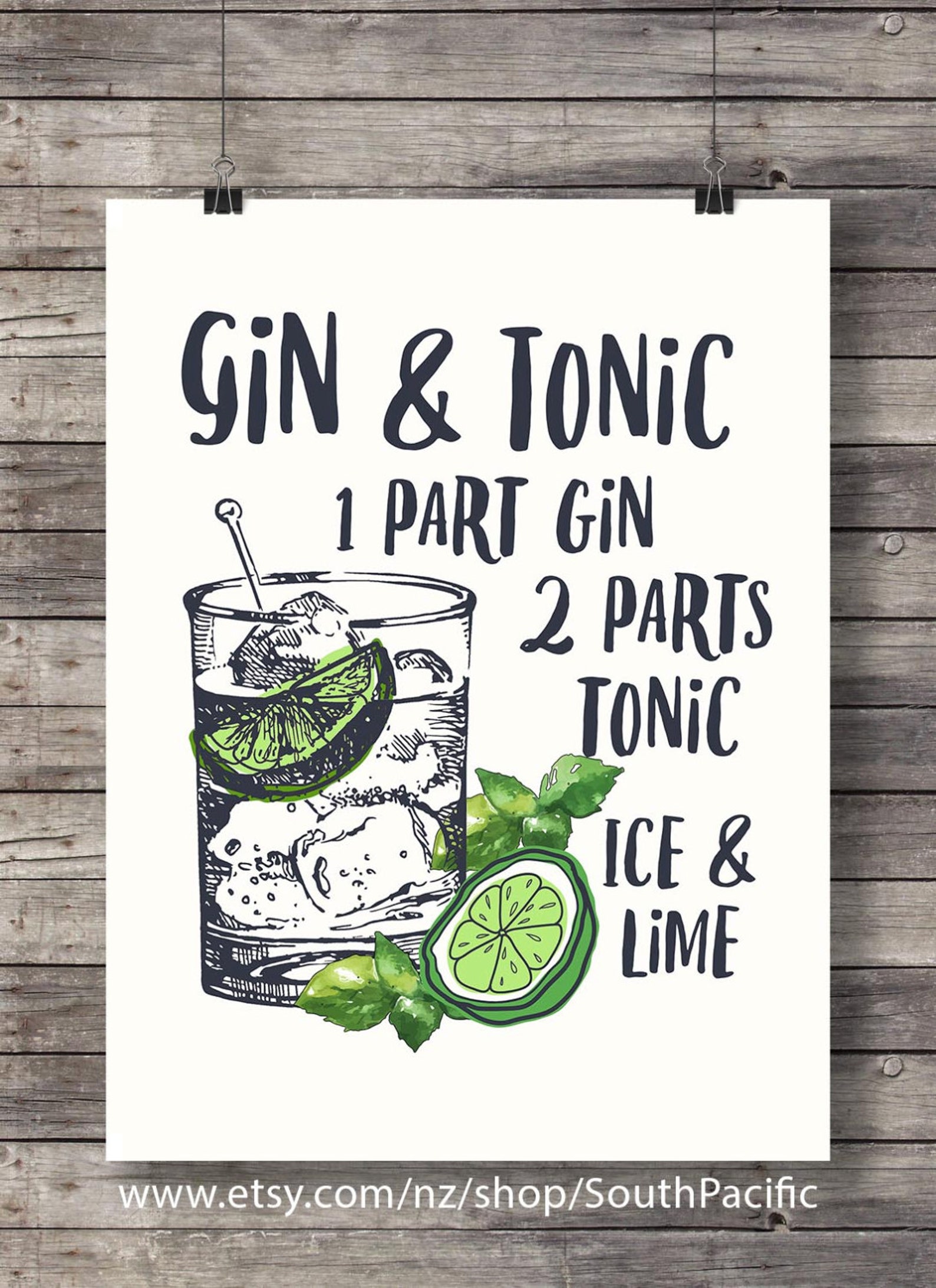 Gin and Tonic With Lime Printable Cocktail Illustration Bar Etsy