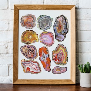 Agaat plakkunst | aquarel kristal illustratie | minerale edelstenen grafiek | geologie aquarel illustratie