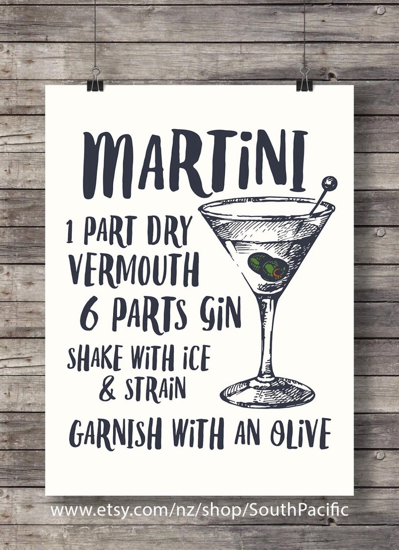 Martini Printable Cocktail Ilration Alcohol Wall Art Bar Decor Kitchen Classic Sign Print