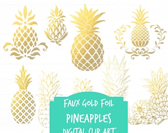 Pineapple clip art  Digital clip art  Gold foil + watercolor pineapples  multi color  faux gold foil metallic gold pineapple